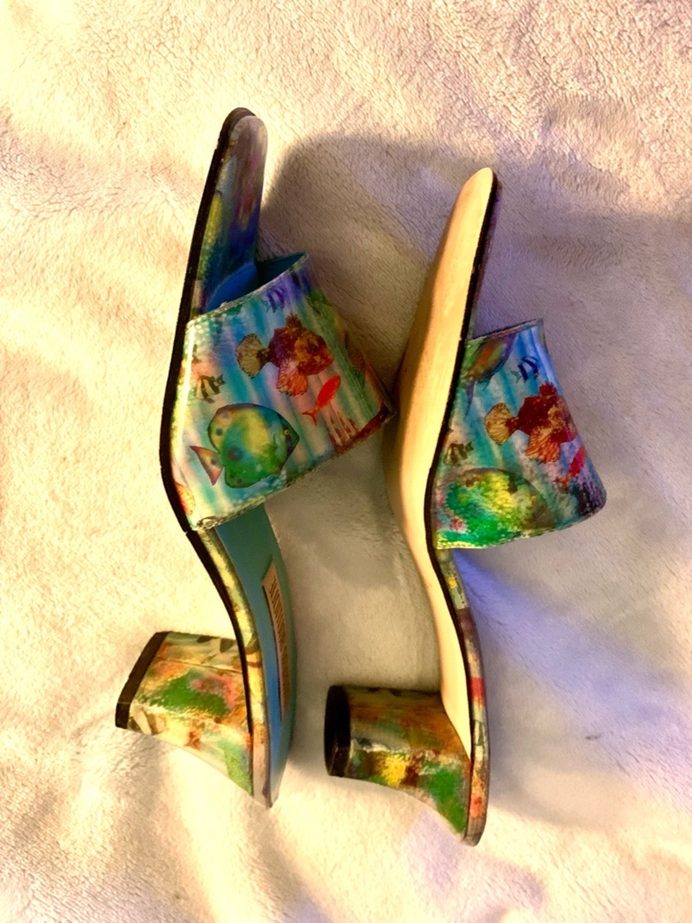 Vintage Palm Beach Marino Boutique Fish Holographic Kitten Slides Size 10 EC - Picture 2 of 8